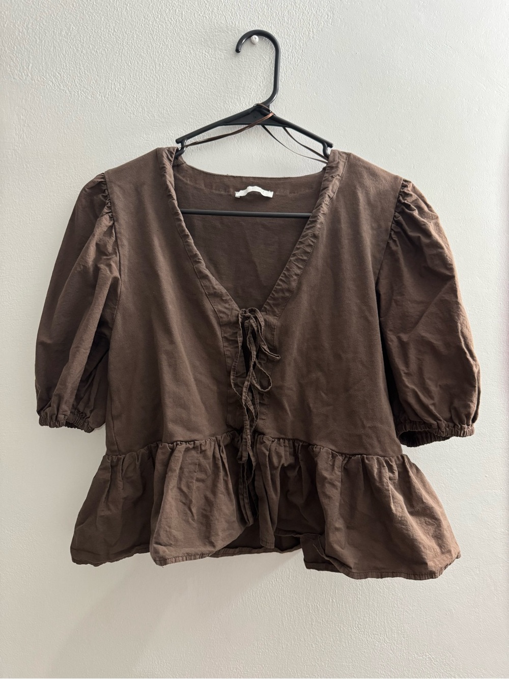 Zara Brown Puff-Sleeve Tie-Front Peplum Blouse